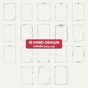 May include: A collection of 18 hand-drawn borders in PNG and SVG formats. The borders are black line drawings with various decorative elements, including swirls, hearts, and bows. The borders are rectangular and arch-shaped.