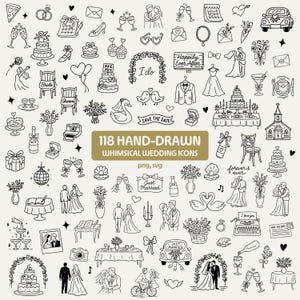 Può includere: Una collezione di 118 icone di matrimonio disegnate a mano, stravaganti, in bianco e nero. L'immagine include illustrazioni di torte nuziali, coppie, anelli, calici di champagne e testo che dice "Happily Ever After" e "Just Married".