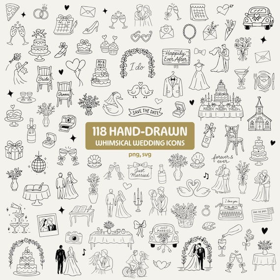Whimsical Wedding Clipart Bundle – PNG SVG Hand Drawn Doodles for Save the Date, Bridal Shower & Party Decor