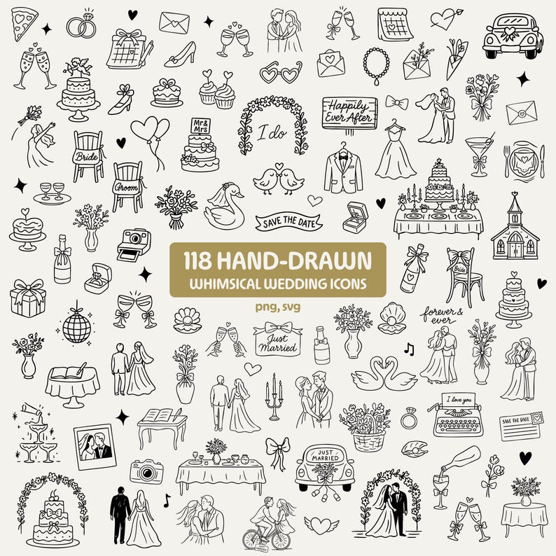 May include: A collection of 118 hand-drawn whimsical wedding icons in black and white. The image includes illustrations of wedding cakes, couples, rings, champagne glasses, and text that says "Happily Ever After" and "Just Married".