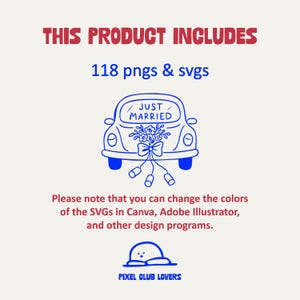 May include: A digital graphic design featuring a blue car with the words "JUST MARRIED" and a floral bouquet. The text "THIS PRODUCT INCLUDES 118 pngs & svgs" is displayed above the car. The image also includes the text "Please note that you can change the colors of the SVGs in Canva, Adobe Illustrator, and other design programs."