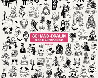 May include: A collection of 80 hand-drawn spooky wedding icons in black and white. The illustrations include skeletons, cakes, bats, and phrases like "Till Death Do Us Part" and "Forever & Ever".