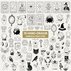 May include: A selection of 76 hand-drawn whimsical tarot icons in black and white. The image features tarot cards, mystical symbols, and illustrations of celestial bodies, animals, and magical objects. Text on the image reads "76 HAND-DRAWN WHIMSICAL TAROT ICONS".