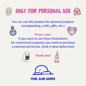 Pu&ograve; includere: Una stampa d'arte digitale beige chiaro con la scritta "ONLY FOR PERSONAL USE" in rosa. L'immagine include illustrazioni di cartoni animati di una mummia, una bottiglia di pozione, un fantasma, una busta, una candela e una forma blu. Il testo indica che il prodotto &egrave; per uso personale.