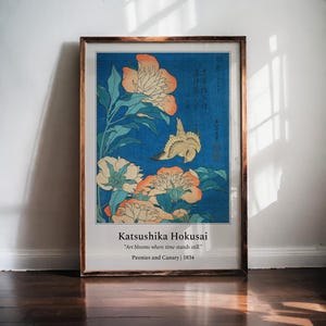 Peonies and Canary Hokusai Digital Wall Art – Japanese Floral Poster – Vintage Flower Print