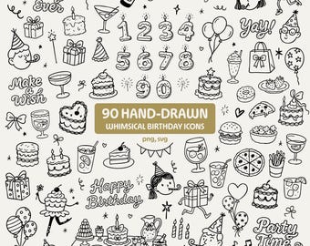 Pacchetto di clipart per feste di compleanno stravaganti: scarabocchi PNG e SVG disegnati a mano per inviti per i 16 anni
