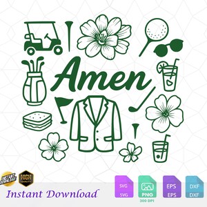 Könnte beinhalten: Grüne Grafik mit Golf-Illustrationen, darunter ein Golfwagen, Golfschläger, Blumen und ein Blazer. Das Wort "Amen" ist in einer stilisierten Schrift geschrieben. Der Text "Instant Download" ist ebenfalls enthalten.