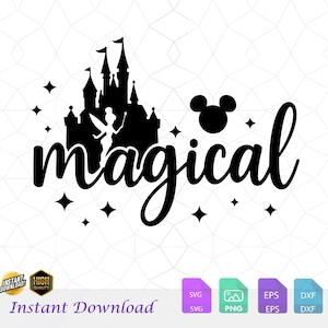 Op de afbeelding: Zwart silhouetontwerp met een kasteel, fee en Mickey Mouse-oren, met het woord "magical" in cursief. Het ontwerp bevat sterren en is geschikt voor digitale knutselprojecten. De tekst "Direct downloaden" is ook aanwezig.