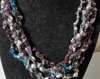 Turquoise and dark purple- Hand Crocheted Ladder Ribbon Necklaces