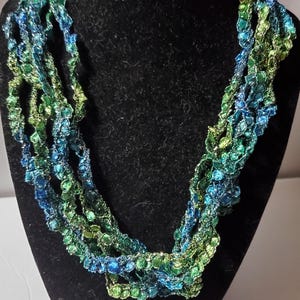 CARIBEAN SEA SPARKLE- Hand Crocheted Ladder Ribbon Necklaces, Crochet Jewelry, Scarf Necklace, Ladder Yarn, Colorful Jewelry, Accessories