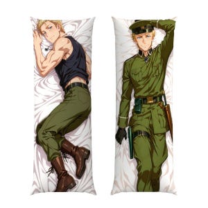 May include: A rectangular body pillow cover featuring two anime-style illustrations of a blonde character. On the left, the character wears a black tank top and green pants. On the right, the character wears a green military-style uniform and cap.