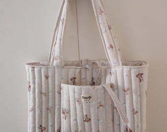 Tote bag trapuntata cerbiatti beige, Borsa spalla imbottita fatta a mano, Shopper capiente Macbook, Borsa cambio neonato, Borsa università