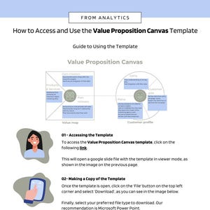 May include: A guide on how to access and use a Value Proposition Canvas template. The template is a visual tool for understanding and communicating the value of a product or service. The guide includes instructions on how to access the template, make a copy of it, and download it in a preferred file format. The guide also includes a visual representation of the Value Proposition Canvas, which is divided into two sections: the Value Map and the Customer Profile.