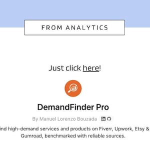 Könnte beinhalten: Eine weiße Grafik mit dem Text "FROM ANALYTICS" in einem rechteckigen Feld. Darunter steht der Text "Just click here!". Das Bild zeigt auch das Logo und die Beschreibung von "DemandFinder Pro", die Dienstleistungen und Produkte auf verschiedenen Plattformen bewirbt.