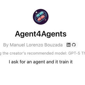 Puede incluir: Fondo blanco con el texto "Agent4Agents" en negro. Debajo, "By Manuel Lorenzo Bouzada" e iconos de redes sociales. El texto "I ask for an agent and it train it" está en la parte inferior.