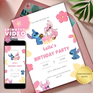 Faire-part d'anniversaire personnalisé Lilo & Stitch | Fête des anges et des points | Téléchargement numérique | Impression 5 x 7 pouces, invitation mobile + vidéo animée