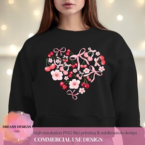 ロマンチックな桜のハート PNG - DIY、昇華、カード、クラフト プロジェクト用のピンクのリボンとさくらんぼのバレンタイン デー クリップアート