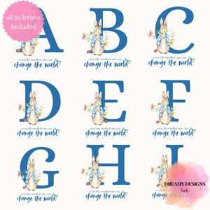 Ensemble PNG avec alphabet Pierre Lapin : citation haute résolution XL pour baby shower, décoration de chambre d'enfant et faire-part