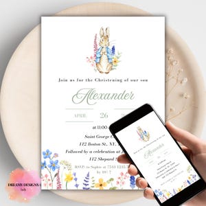 Gepersonaliseerde Peter Rabbit-doopuitnodiging | Digitale doopuitnodiging | Aquarel wilde bloemen | Hoge resolutie jpg, pdf-animatievideo