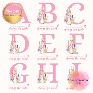 Peter Rabbit Alphabet PNG-Bundle | Rosa | High-Res XL Spruch für Babyparty, Kinderzimmer Dekor & Einladungen | Mädchenzimmer | Aquarell
