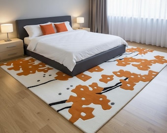 Hand Tufted Wool Rug, Modern Abstract Floral Area Rug, Orange Black Botanical Carpet, Handmade Living Room Bedroom Rug