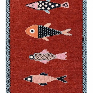 Hand knotted Fish design Runner Rug - Rust and Blue color Contemporary Style Wool Runner Rug - Hallway Runner - Kitchen runner - Boho runner