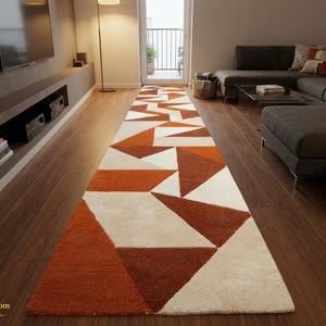 Hand Tufted Wool Runner Rug, Mid Century Modern Geometric Rug, Abstract Triangle Runner, Terracotta Rust Cream Rug, Long Hallway Rug