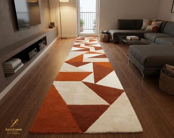 Hand Tufted Wool Runner Rug, Mid Century Modern Geometric Rug, Abstract Triangle Runner, Terracotta Rust Cream Rug, Long Hallway Rug