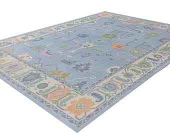 May include: A light blue rug with a colorful geometric pattern. The rug has a border with a repeating design of flowers and leaves.