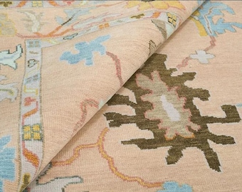 May include: A beige rug with a floral pattern in shades of blue, pink, and yellow. The rug has a traditional design with intricate details.