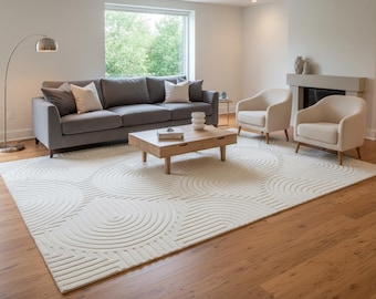 Hand Tufted Wool Rug, Ivory Geometric Area Rug, Modern Abstract Carpet, Luxury Handmade Living Room Bedroom Rug
