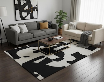 Hand Tufted Wool Rug, Black White Abstract Geometric Area Rug, Modern Minimalist Carpet, Handmade Living Room Bedroom Rug