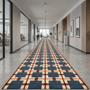 Hand Tufted Geometric Runner Rug, Blue Cream Rust Plaid Carpet, Modern Abstract Hallway Rug, Contemporary Long Floor Runner