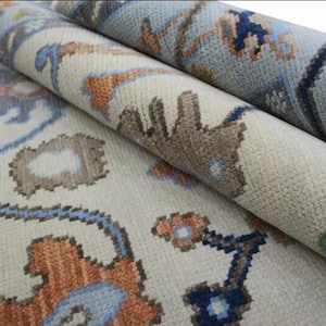 Hand Knotted Oushak Rug, Floral Area Rug, Ivory Cream Vintage Style Rug, Blue Green Terracotta Rug, Botanical Living Room Carpet
