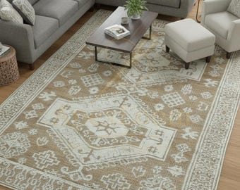 Handwoven Wool Oushak Rug, Neutral Bohemian Floor Mat