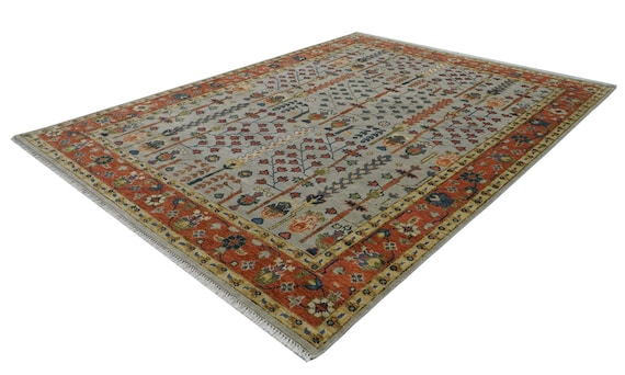 幾何学模様の手織りウールラグ 手織りコットンウールラグ | 青と白の幾何学模様の平織りウールラグ