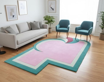 Whimsical Wool Area Rug, Retro Memphis Design, Pink, Turquoise