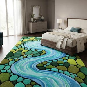 Hand Tufted Wool Area Rug, Blue River Rug, Green Nature Rug, Abstract Landscape Rug, Modern Organic Home Decor, Statement Floor Rug