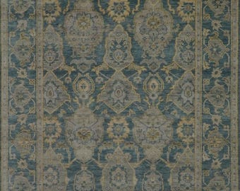 Hand-Knotted Wool Oushak Rug: Blue Gray Multicolored Area Rug