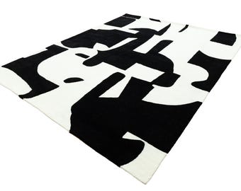 Hand-getufteter Wollteppich - Schwarz-Weißer abstrakter geometrischer Teppich, kundenspezifische Größe