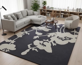 Hand Tufted Wool Floral Rug, Navy Blue Botanical Area Rug, Modern Flower Carpet, Handmade Living Room Bedroom Rug