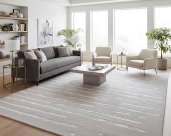 Hand Tufted Wool Rug, Modern Silver Grey Abstract Area Rug, Luxury Striped Carpet, Handmade Living Room Bedroom Rug