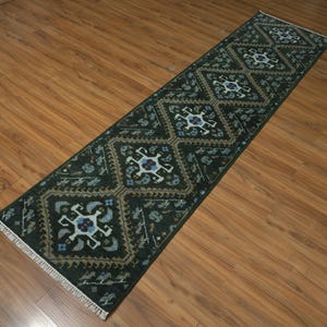 Hand-Knotted Oushak Runner – Forest Green Wool Geometric Medallion Hallway Rug for hallway