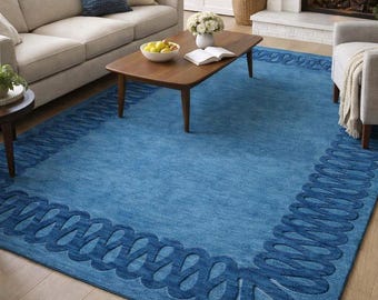 Hand Tufted Wool & Viscose Area Rug, Modern Blue Border Rug, Contemporary Handmade Carpet, Luxury Living Room Rug, Custom Size Rug