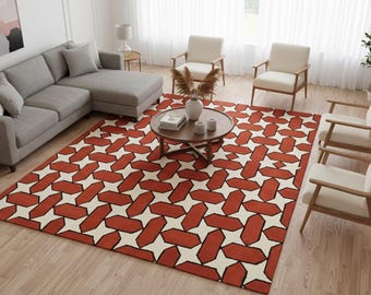 Hand Tufted Wool Area Rug, Rust Terracotta & Ivory Geometric Rug, Modern Abstract Carpet, Handmade Living Room Rug, Custom Size