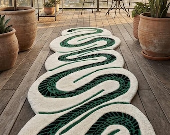 Snake Rug Hand Tufted Wool Runner, Emerald Green Serpent Rug, Whimsical Animal Rug, Gothic Home Decor, Statement Hallway Runner