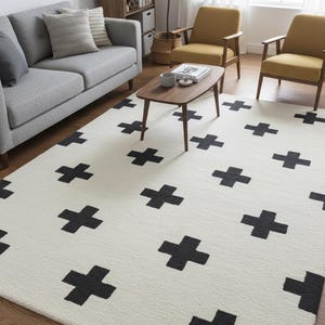 Alfombra de lana tejida a mano, alfombra moderna con estampado de cruz en negro y marfil, alfombra minimalista escandinava, alfombra geométrica para habitación infantil, alfombra para sala de estar.