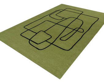 May include: A green rug with a black abstract design. The design features overlapping lines and shapes.