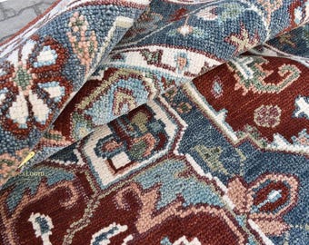Hand Knotted Wool Oushak Rug | Red & Blue Turkish Carpet