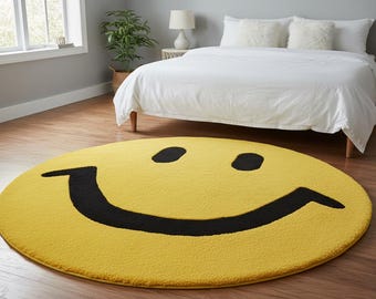 Tappeto in lana tuftato a mano con faccina sorridente – Tappeto per bambini in peluche giallo
